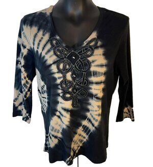 Nature Art - Knit Top Blouse Women's L Black Tan Tie Dye Crochet Button 3/4 Slve
